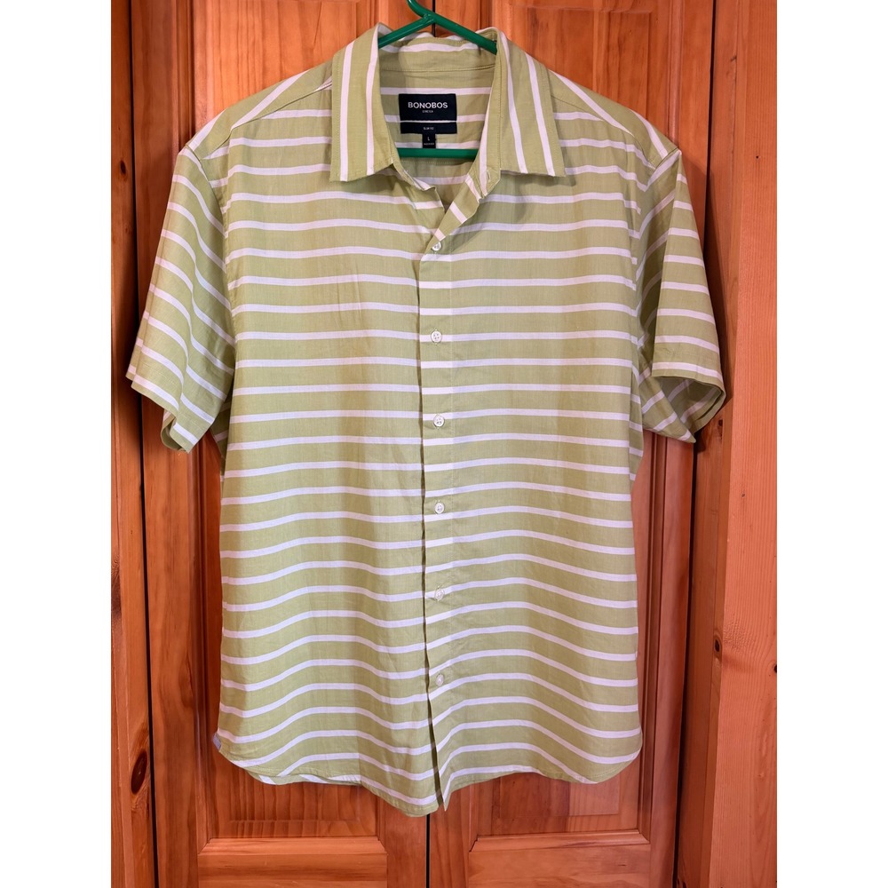 Bonobos Mens Stretch Slim Fit Button Down Shirt Large Lime Green White Stripe